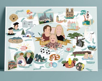 Story map d’amour, portrait de couple, portrait personnalisé, cadeau personnalisé, cadeau de famille, cadeau de mariage unique, anniversaire, mémoire de famille, bébé né