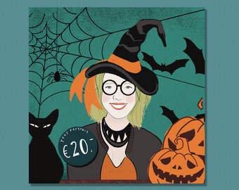 Portrait d’Halloween, illustration personnalisée d’Halloween, portrait de vous, illustration personnelle,