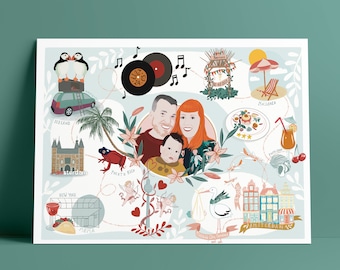 Story map d’amour, portrait de couple, portrait personnalisé, cadeau personnalisé, anniversaire, cadeau personnel, cadeau de mariage unique, illustration d’histoire