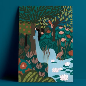 Stampa artistica - giardino, ritratto, folkart, A5, stampa A4, stampa floreale botanica, stampa artistica floreale, ritratto di una signora del fiume