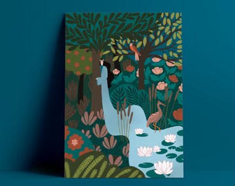 Impression d’art - jardin, portrait, folkart, A5, impression A4, impression florale botanique, imprimé d’art floral, portrait d’une dame de rivière