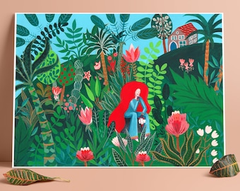 Imprimer - Dame dans le jardin- Peinture gouache - Art botanique - peinture à l’aquarelle - art populaire - illustration de gouache - art - illustration