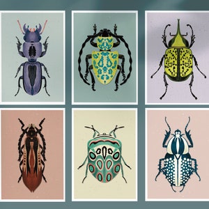 Kunst print met geillustreerde kevers - set van 6 prints - insekt illustratie - A5 print - fantasie insekten - pastel kleur