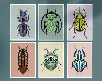 Impression d’art Coléoptères - Ensemble de 6 - A5 - 5,8 » x8,3 » Illustration d’insectes, illustration d’animaux, scarabée illustré, estampes d’animaux, cartes-cadeaux