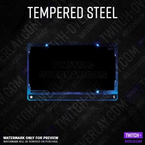 May include: A blue and black Twitch overlay template with the text "Tempered Steel" and "Twitch-Overlay.com".