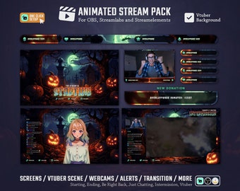 Scary Halloween Stream Pack / Halloween Theme/Horror/Stream Overlay/Transition/Twitch Set/Animated Screens/Stream Alerts/Graveyard/Pumpkins