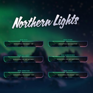 Animierte Stream-Benachrichtigungen zu Nordlichtern/Animierte Warnungen/Twitch-Benachrichtigungen/Stream-Benachrichtigungspaket/Gemütliches Thema/Aurora/Natur-Thema/Grün/Magisch
