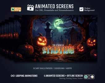 5x Scary Halloween Stream Screens/Animated Screens/Stream Package/Stream Overlay/Horror/Pumpkins/Orange/Graveyard/Bats/Scary/Tombstones