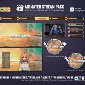 Ocean Sunset Stream Pack / Chill Theme/Chill/Stream Overlay/Transition/Twitch Set/Animated Screens/Stream Alerts/Waves/Sunset/Lofi/Pastel