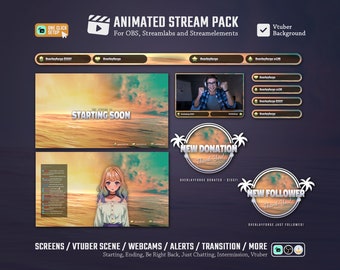 Ocean Sunset Stream Pack / Chill Theme/Chill/Stream Overlay/Transition/Twitch Set/Animated Screens/Stream Alerts/Waves/Sunset/Lofi/Pastel