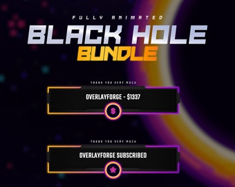 Alertas de transmisión animada de agujero negro/Alertas animadas/Alertas de Twitch/Paquete de notificación de transmisión/Tema espacial/Tema galaxia/Oscuro/Amarillo/Púrpura