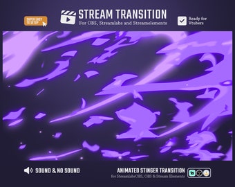 May include: Animated purple stinger transition effect for streaming on OBS, Streamlabs, and Stream Elements. The effect features a swirling, abstract design with glowing purple lines and shapes. The text "SOUND & NO SOUND" is visible at the bottom of the image.