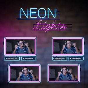 May include: Four neon pink and blue frames with a man wearing headphones and a plaid shirt inside each frame. The frames have the text "$ Twitch-Overlay: $1937" and "+Twitch-Overlay.com" at the bottom. The text "NEON Lights" is at the top of the image in neon pink and blue.