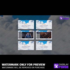 Op de afbeelding: Een set van vier Twitch-stream overlays met een wolkenthema. De overlays tonen de tekst "The Stream is Starting Soon", "The Stream is Short Break", "The Stream is Ending Soon" en "The Stream is Now Offline".