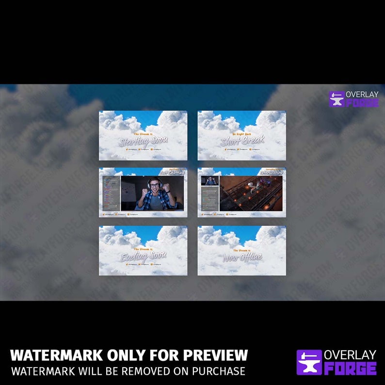 Op de afbeelding: Een set van vier Twitch-stream overlays met een wolkenthema. De overlays tonen de tekst "The Stream is Starting Soon", "The Stream is Short Break", "The Stream is Ending Soon" en "The Stream is Now Offline".