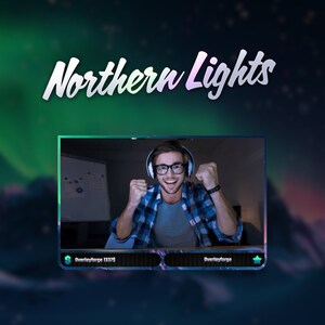 May include: A man wearing headphones and glasses smiles and raises his fists in celebration. He is in a video call with a green and purple aurora borealis background. The text "Overlayforge 13375" is visible in the lower left corner of the screen.