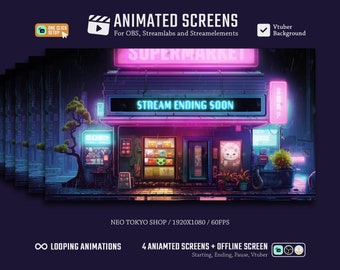 5x Stream Screens /Cyberpunk Theme/Starting Soon Screen/Stream Package/Vtuber Stream Overlay/Vtuber Background/Animated/Lofi/Cozy/Cat/Japan