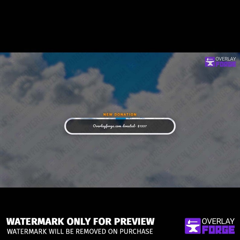 Op de afbeelding: Een blauwe en witte donatie-alert overlay met de tekst "Overlayforge.com gedoneerd - $ 1337" tegen een achtergrond van een bewolkte lucht. De overlay heeft een witte rand en een blauwe voortgangsbalk.