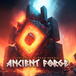 Puede incluir: Una ilustración digital de un portal naranja brillante rodeado de bloques de piedra gris oscuro. El texto "ANIMATED STREAM BUNDLE ANCIENT FORGE" está en la parte inferior de la imagen.