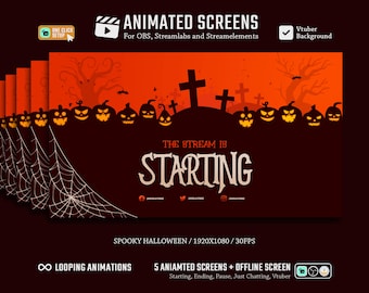 Spooky Halloween Stream Screens/Animated Screens/Stream Package/Stream Overlay/Horror Theme/Pumpkins/Orange/Graveyard/Bats/Scary/Tombstones