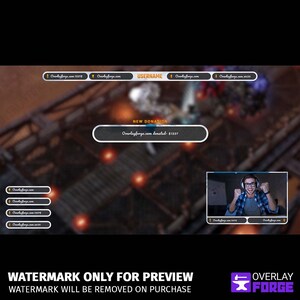 Op de afbeelding: Een donkergrijze en oranje Twitch-streamoverlay met een wazige achtergrondafbeelding van een futuristische stad. De overlay bevat een donatiemelding met de tekst "Overlayforge.com heeft $ 1337 gedoneerd".
