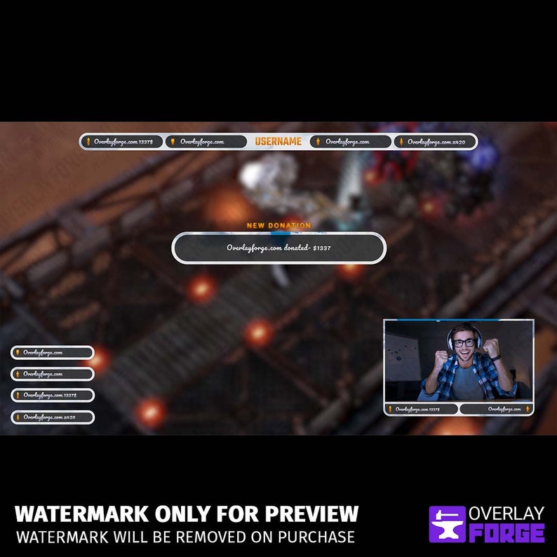 Op de afbeelding: Een donkergrijze en oranje Twitch-streamoverlay met een wazige achtergrondafbeelding van een futuristische stad. De overlay bevat een donatiemelding met de tekst "Overlayforge.com heeft $ 1337 gedoneerd".