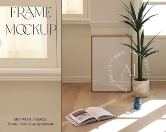 Interior Frame Mockup Store Natural Light A1 Japandi Minimalistic Vertical Wood Frame Scandinavian Styled Single Mockup PSD Print Poster