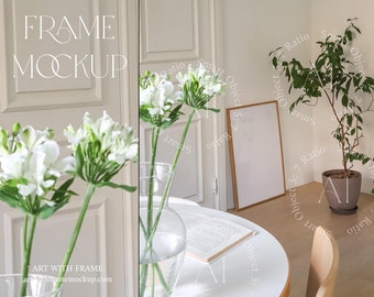 Digital Frame Mockup 5x7 A1 Wood Wooden Frame Vertical Print Poster Wall art Minimalist Natural Boho Interior Artwork Display Scandinavian