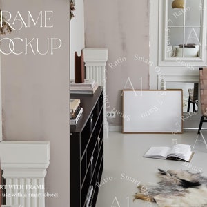 Horizontal Frame Mockup A1 Landscape Poster Mockup Modern Interior Print Photoshop Wall art Templete PSD Aesthetic Living Room Scandi 50X70