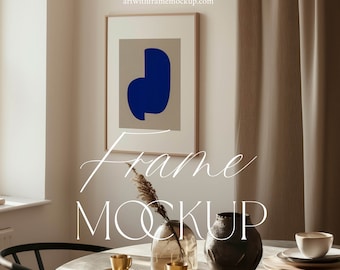 Frame Mockup, Dining Room, A1 DIN, PSD Photoshop Photopea Mockup, Scandinavian Home Interior, Print Poster, Artwork Display Template, Modern