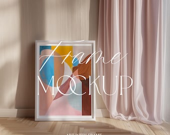 Frame Mockup on Wooden Floor, with Pink Curtain, 3:4 Ratio, Natural Light, Print Poster, PSD, Simple Photoshop Template, Minimal, Photopea