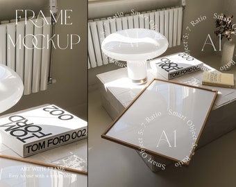 Glass Reflection DIN A1 Minimalistic Mockup Templete 5x7 Vertical Wood Frame Print Poster Photoshop Natural Light Artwork Display Shadow