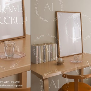Single Frame Mockup Glass Reflection Minimalistic Vertical Wood Wooden Digital Frame Scandinavian Apartment Interior Print Poster Template