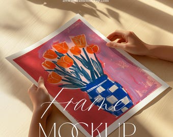 Poster Mockup with Hands, Person, Flat lay Print, DIN A, Natural Light, Photoshop Photopea Template, PSD, Artwork Display, Minimal Mockup