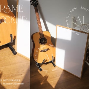 Single Frame Mockup A1 5x7 Vertical Wood Frame Scandinavian Bedroom Interior Print Poster Natural Light Mockup PSD Bright Shadow Templete