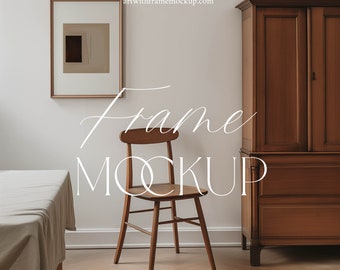 May include: A wooden chair sits in a room with a brown armoire and a framed picture on the wall. The text "Frame Mockup" is written in white cursive on the wall.