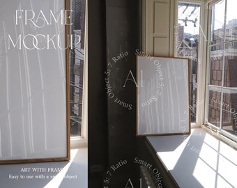Shadow Frame Mockup Thin Wood Frame Wall art Print Poster Mockup Japandi Mockup Natural Light Photoshop Minimalistic Templete Window Dark