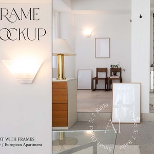 Interior Frame Gallery Mockup A1 Glass Reflection Scandinavian Realistic Mid century Modern Wood Frame Mockup Wall art Print Poster Mockup