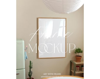 Kitchen Frame Mockup – Vertical Wooden Frame in Kitchen Setting, PSD Template for Printable Wall Art Display, Natural Light Interior Scene