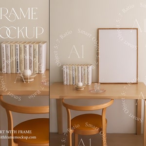 Frame Mockup Natural Light Boho Beige Scandinavian Interior A1 Simple Vertical Wood Wooden Frame Print Poster Wall art Template Apartment