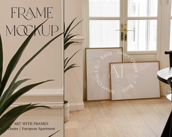 2 Frame Mockup Glass Reflection Realistic Mockup Minimalist Interior Scandi Room Vertical Horizontal Wood A1 Wall art Photoshop Smart Object