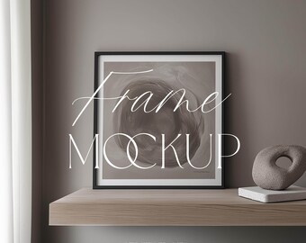 Minimal Square Frame Mockup, 1:1 Ratio, Black Frame, Zen Wall art Frame, Japandi Style Interior, Poster Print, Photoshop, Artwork Template