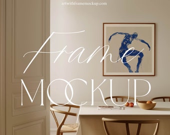 Square Frame Mockup, 1x1 Ratio, Simple Danish Interior, Dining Room, Minimalist Print Poster Wall art PSD Photoshop, Scandinavian, Minimal