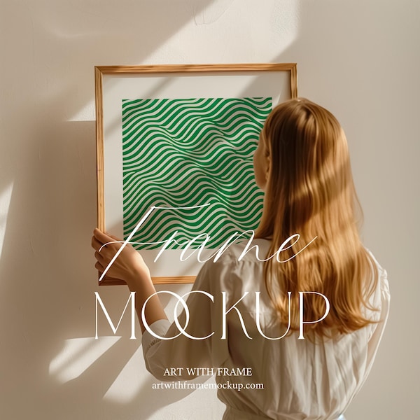 Frame Mockup with Person, Square ratio, Poster Print, Wall art, Bright, Natural Light, Wood Frame, Photoshop, Artwork Template, Minimalist