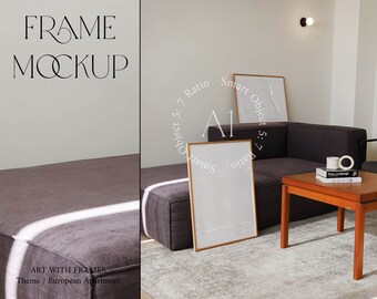 Two Frames Mockup 2 Wood Frame mockup Natural Light Scandinavian Interior Mockup Mid Century Modern Living Room Print Poster Duo Photoshop