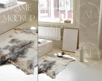 May include: A room interior with a white floor and walls, featuring a large, rectangular frame with a blank white canvas. A faux fur rug with brown and gray patches lies on the floor. The text "FRAME MOCKUP" is visible.