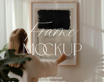 Frame Mockup with Person, Women Holding Frame Mockup, DIN A Ratio, Thin Wood Frame, Wall Art Templates, Artwork Display, PSD, Photopea