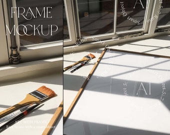 May include: A wooden frame mockup with a white background. The frame is sitting on a white surface with a paintbrush and pencils nearby. The text "ART WITH FRAME" and "Easy to use with a smart object" is visible in the bottom left corner of the image.
