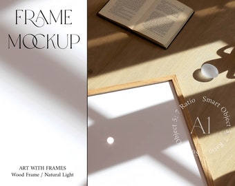 Vertical Wood Frame Mockup Natural Light Shadow Wallpaper Print Poster Mockup Minimalistic Modern Scandinavian Reflection Smart Object PSD