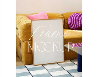 Real Poster Frame Mockup | Cozy Living Room Setting with Sofa, Scandinavian Style, Art Print Display, DIN A Ratio, Photoshop, PSD, Photopea